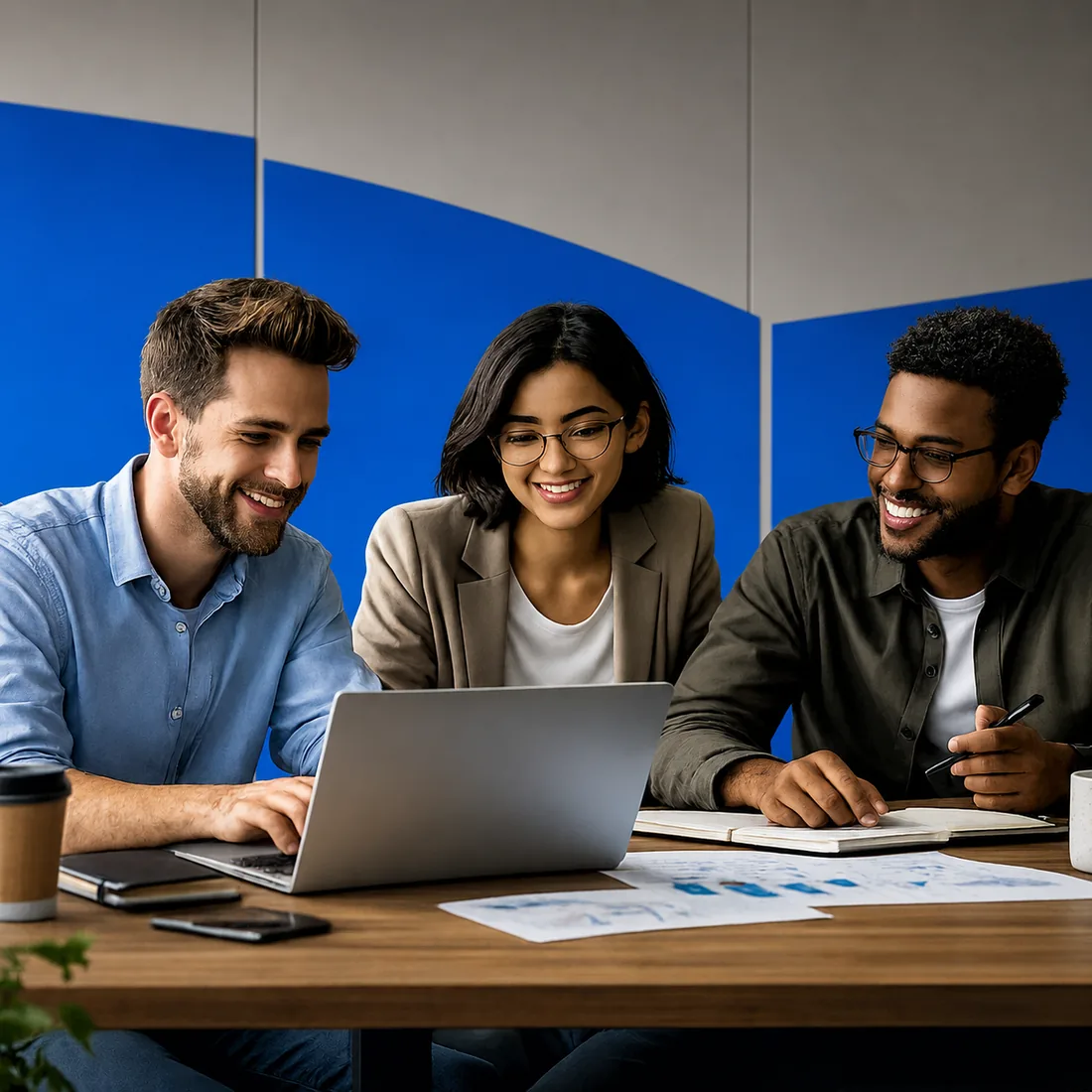 Three developers collaborating around a laptop reviewing API documentation and integration code in a modern office